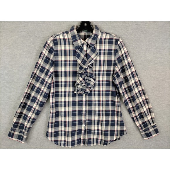 LRL Womens Shirt M Blue Plaid Flannel Button Up Ruffle Neck Academia Preppy - Picture 1 of 8